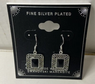 Pendientes colgantes de marcasita Swarovski de ónix negro tono plata alambre francés Art Deco Foto 1 de 2