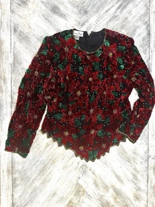 Vintage Lawrence Kazar Silk Beaded Sequins Top Womens XL Red Floral Evening - Picture 1 of 4