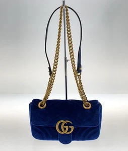 GUCCI GG Marmont Blue Velvet Chevron Gold Chain Shoulder Bag - Picture 1 of 6