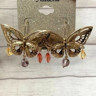 娜塔莎金色金属蝴蝶镂空耳环3个悬垂珠鱼钩背 — 第 1/4 张图片
