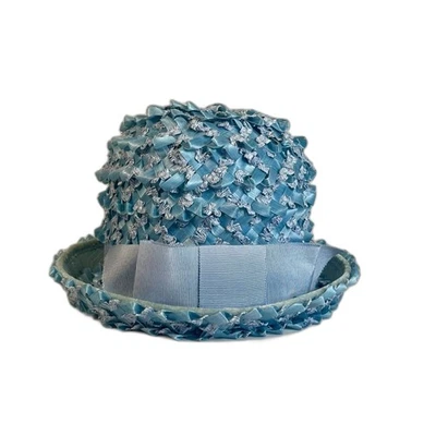 Vintage Women's Blue Straw Bowler Hat Bow  - Image 1 of 4