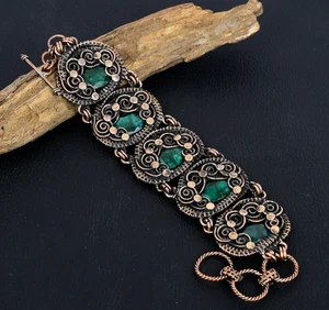 Lab-Created Emerald Gemstone Copper Wire Wrapped Handmade Jewelry Bracelet - Picture 1 of 5