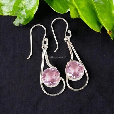 Pendientes colgantes de plata esterlina con bisel de gancho de piedra de kuncita regalo para ella joyería Foto 1 de 4