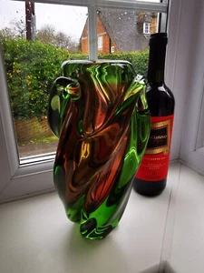 Large Vintage Czech Skrdlovice Green &Purple Art Glass Vase by J.Beranek C1960's - Picture 1 of 11