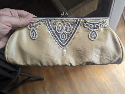 Vtg Carlo Fellini Yellow/Beige Satin Evening Clutch Chain Beaded Sequin Clasp - Image 1 of 4