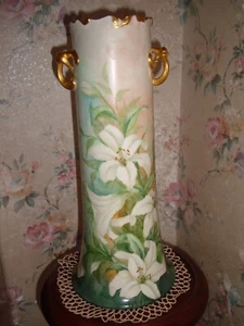 ANTIQUE RARE LARGE 15" LIMOGES GUERIN HAND PAINTED VASE, WHITE LILIES & GOLD - Picture 1 of 14
