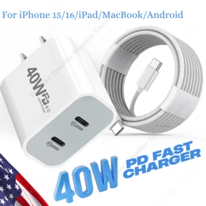 Dual USB-C 40W Fast Charger Type-C For iPhone 16 15 Pro Android PD Adapter Cable - Picture 1 of 15