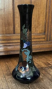 Antique Glossy Black Gouda Vase, JB, Floral Motif, Turquoise, Green, Yellow - Picture 1 of 8