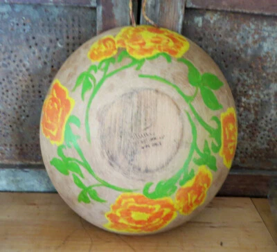 Primitive Old Painted Farmhouse Turned Wooden Bowl Yellow Orange Sunset Roses - Image 1 of 4