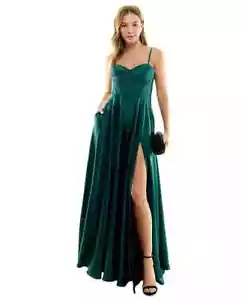$149 B Darlin Juniors' Pleated-Bodice High-Slit Evening Gown, Hunter, 1/2 - Picture 1 of 4