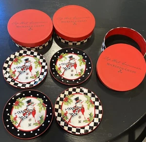 Mackenzie Childs ~Top Hat Snowman ~Set of 4 Ceramic Plates w/ Box ~ New - Picture 1 of 8
