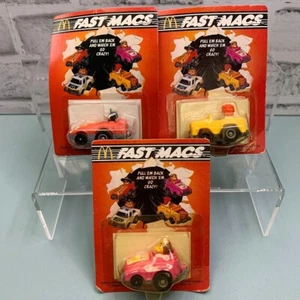 Vintage McDonalds 1985 Fast Macs Set of 3 Pull Back Cars Toys On Card New NIP - Picture 1 of 7