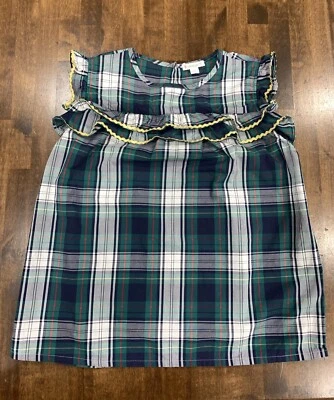 Crewcuts Green Navy Plaid Sleeveless Gold Ruffle Top Girls 12 Holiday Blouse - Image 1 of 3