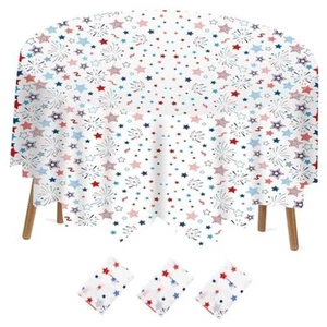3 Pcs 4th of July Round Tablecloth 84 Inch Plastic Patriotic Disposable - Picture 1 of 6
