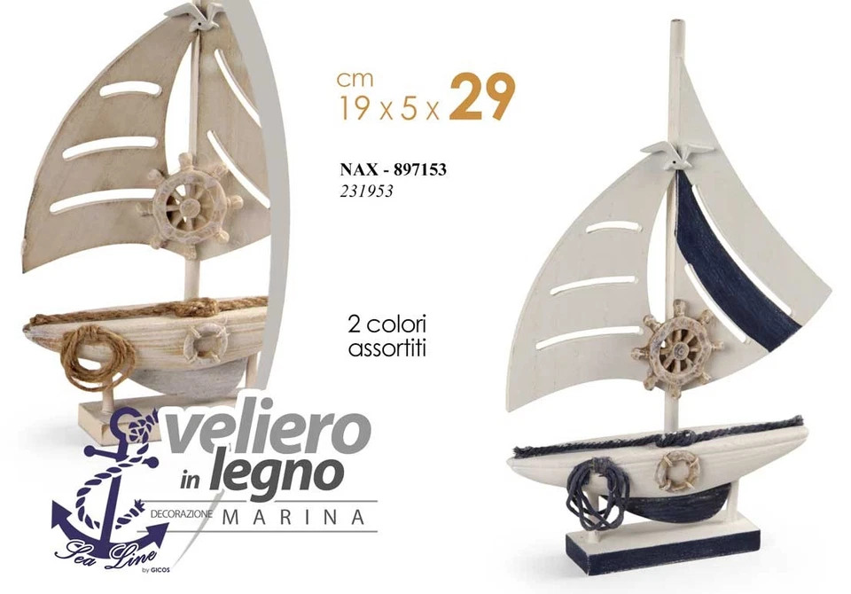 BARCA VELIERO DECORATIVA LEGNO TIMONE CORDE VELA MARE PESCI MARINA 29*19*5 - Immagine 1 di 4