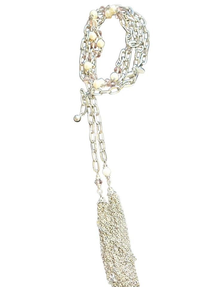 Collar Largo Premier Tono Plateado Blanco Perla Rosa Cristal Cuentas Con Borlas... Foto 1 de 4