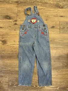 Vintage 90s Girls Overalls Teddy Bear Plaid Flowers Jean Size 5 - Picture 1 of 6