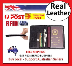RFID Mens Womens Passport Wallet Security Lined Full Grain Cow Leather BLACK M6 - Picture 1 of 4