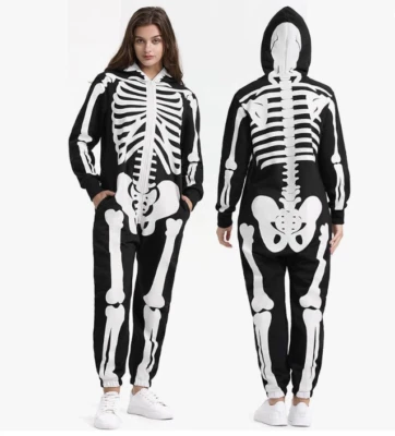 Skeleton Costume Women Halloween Adult Zip Up Scary Bone Jumpsuit Party Hooded S - Image 1 of 4