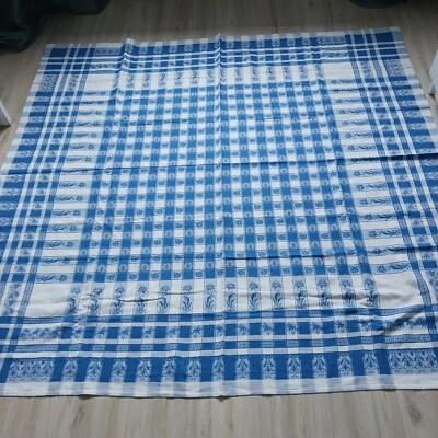 Nappe ancienne  en coton bleu et blanche 150 X142 cm - Photo 1/4