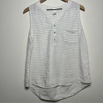 Top Magaschoni Mujer 100% Lino XL Crema Blanco Rayas Náutico Lagenlook Henley Foto 1 de 4