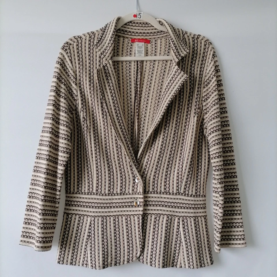 Blazer tejido vintage AK Anne Klein para mujer marrón-crema rayas dos botones S Foto 1 de 4
