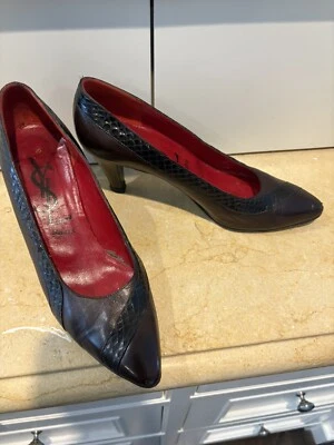 Vintage Yves Saint Laurent YSL Shoes Heels Sz 8 Narrow Brown Leather Snakeskin - Image 1 of 4