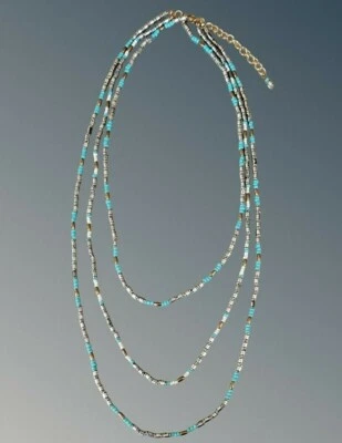 Southwestern Three Strand Beaded Turquoise Silver Gold & White Necklace 30" + 3" - Image 1 of 4