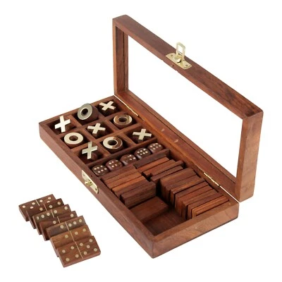 Wooden 3-in-1 Parlour Game Set 28 Dominoes Tic-Tac-Toe Tokens & Dice brain IQ - Image 1 of 4