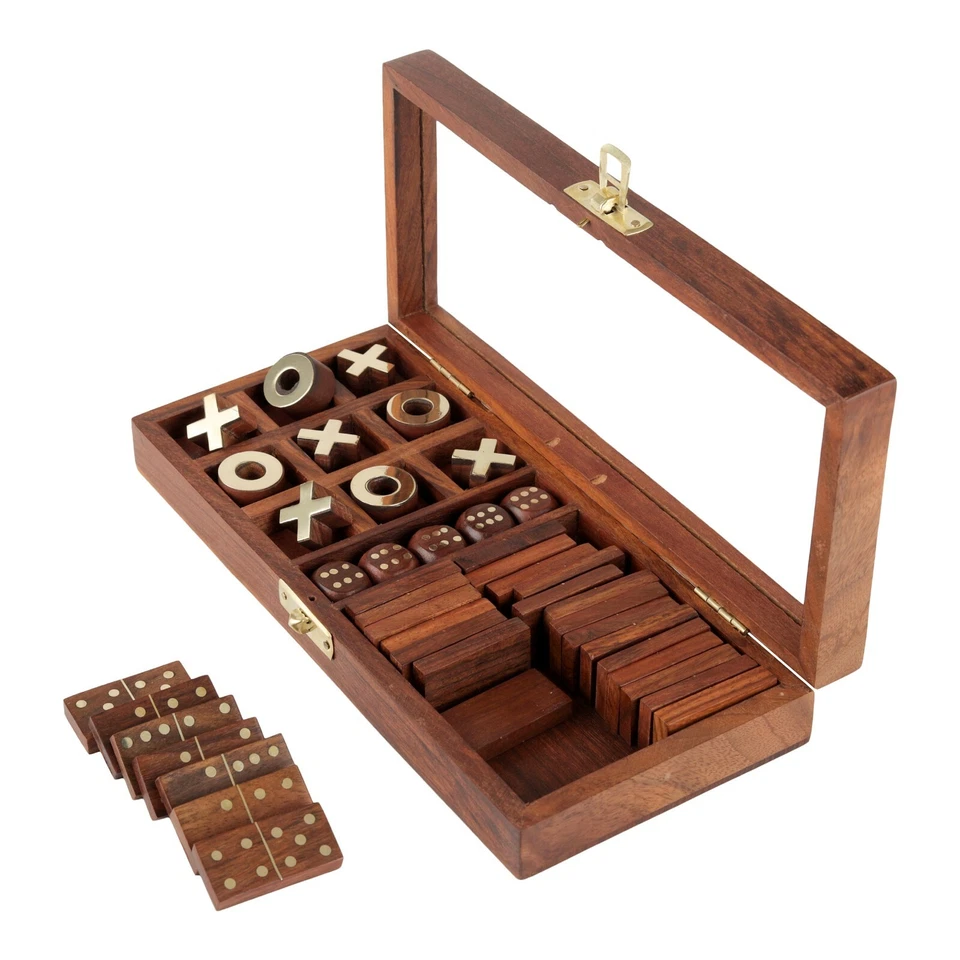 Wooden 3-in-1 Parlour Game Set 28 Dominoes Tic-Tac-Toe Tokens & Dice brain IQ - Image 1 of 4