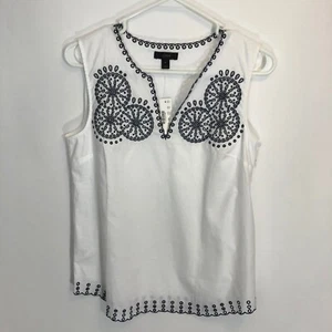 J. Crew Damen Top 0 Bestickte Kreise Weiß Blau Ärmellos Bluse Ösen Neu - Bild 1 von 5