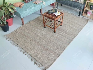 Natural Boho Jute Geometric Pattern Area Rug, Bohemian Rug With Fringes Jute Rug - Picture 1 of 9