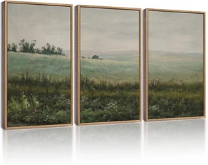 Retro Landscape Framed Wall Art Green Grassland Classic Vintage Farmhouse Paints - Picture 1 of 12