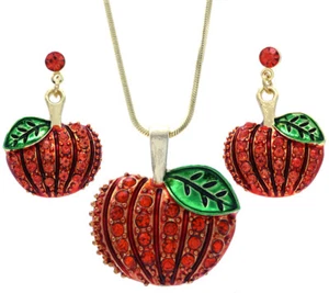 Halloween Thanksgiving Pumpkin Dangle Stud Earring Pendant Necklace Set Gift Box - Picture 1 of 4