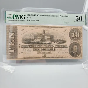 1862 $10 T-52 CONFEDERATE PMG AU50 taglio martellato annullato - Foto 1 di 2