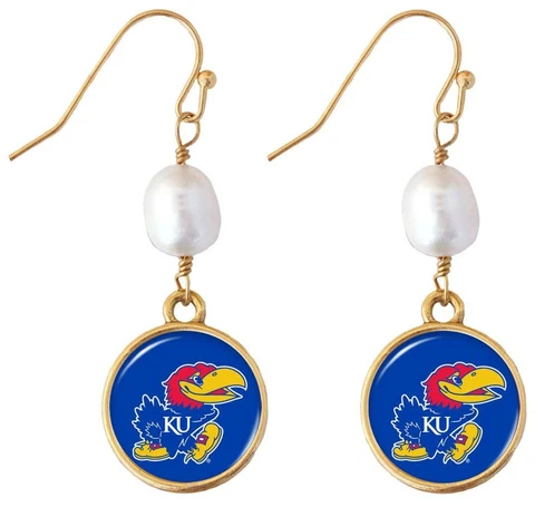 Kansas Jayhawks Diana Gold and Pearl Dangle Earrings Jewelry Gift Blue KU Cover