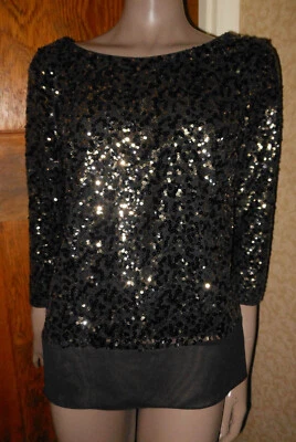 Pretty Coast UK 14 Sequin Embellished Black & Gold 3/4 Sleeve Top - Image 1 of 3