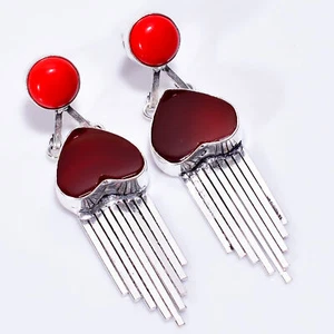 Carnelian Coral Fashion Jewelry 925 Sterling Silver Dangle Earrings 2.6" ARE1783 - Picture 1 of 3