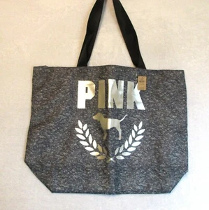 Victoria's Secret PINK Tote bag Heather Gray Dog Silver Metallic Open Pocket NEW - Picture 1 of 6