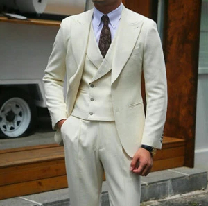 Ivory Men Tuxedo Wedding Suits Groom Party Prom Dinner Peak Lapel Blazer Custom - Picture 1 of 9