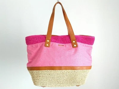 Auténtico bolso de mano rosa grande de paja y lona Samantha Thavasa Deluxe Foto 1 de 4