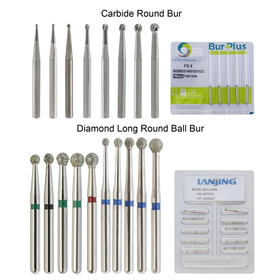 Bur de carburo redondo dental Wave FG Diamond Bur bola redonda larga quirúrgica alta velocidad Foto 1 de 4