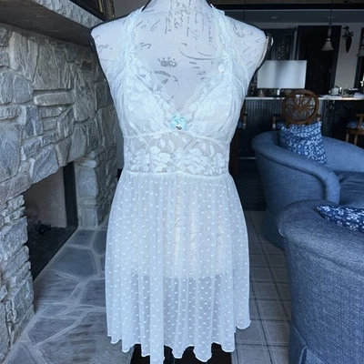 Vestido Babydoll Betsey Johnson Mujer M Encaje Transparente Lunares Lazo Camisón Foto 1 de 4