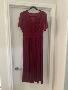 Burgundy Velvet Short Sleeve Maxi Dress With Shirred Waist 2XL - Picture 1 of 4