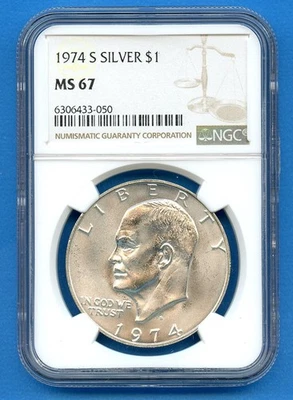 1974 S NGC MS67 Eisenhower Dollar $1 US Mint Silver Ike 1974-S MS-67 Blast White - Image 1 of 3