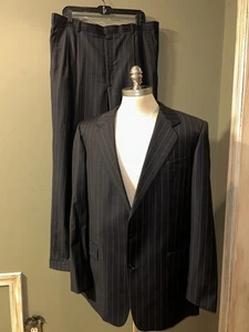 VTG Bespoke 90s Gieves & Hawkes Navy Pinstripe 2 pc Suit Cuffed Pleat 44L 38x31 - Picture 1 of 22