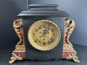 Antique E. Ingraham Black Mantle Clock Faux Marble READ - Picture 1 of 20