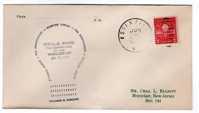 #654 Electric Light Edison 1929 FDC - Elliott Unofficial u/o Essex Falls NJ - Image 1 of 2