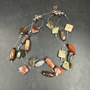 Art Glass Natural Stone Beads 3 Strand Illusion Necklace Multicolor Boho Hippy - Picture 1 of 8