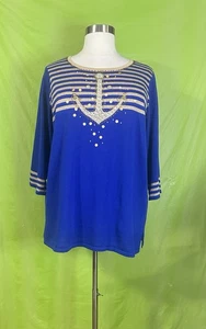 QUACKER FACTORY Sweater Women’s Plus Size 2X Blue Anchor Embellished 3/4 Sleeve - Picture 1 of 13